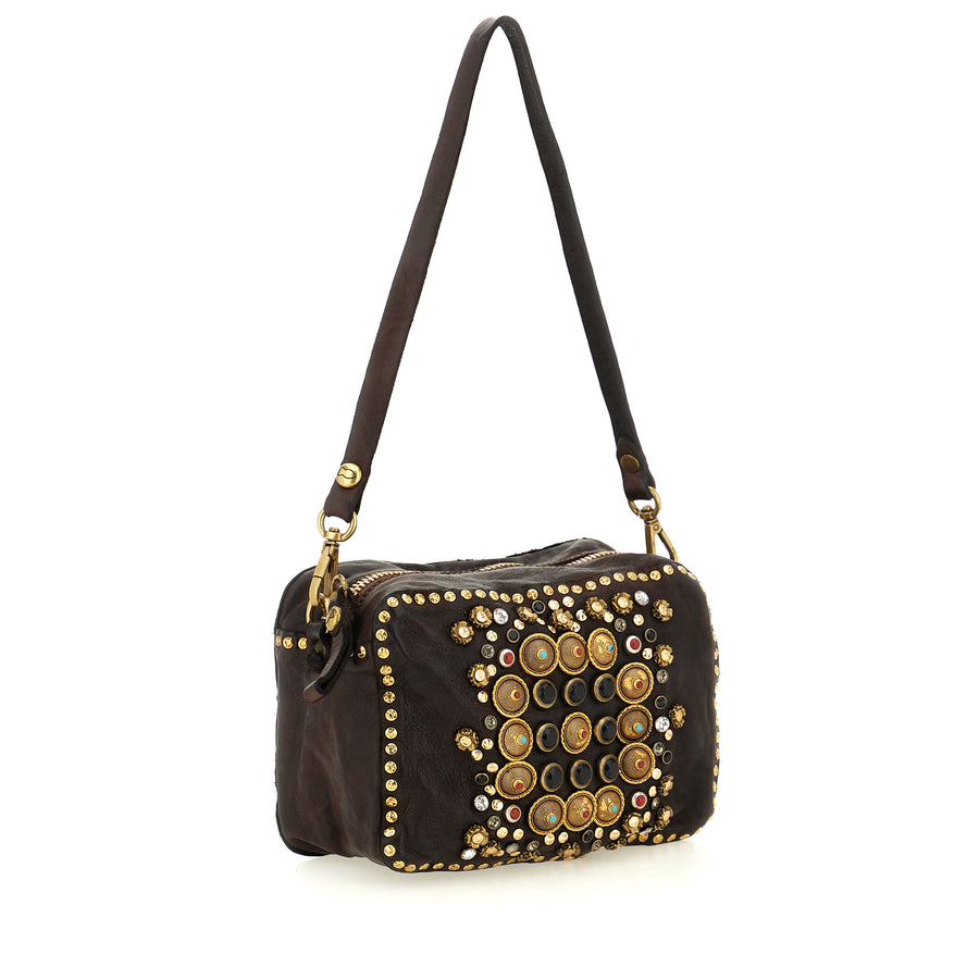 Ribes Camera Bag Kate in garment-dyed cowhide leather with studs and rhinestones - Moro