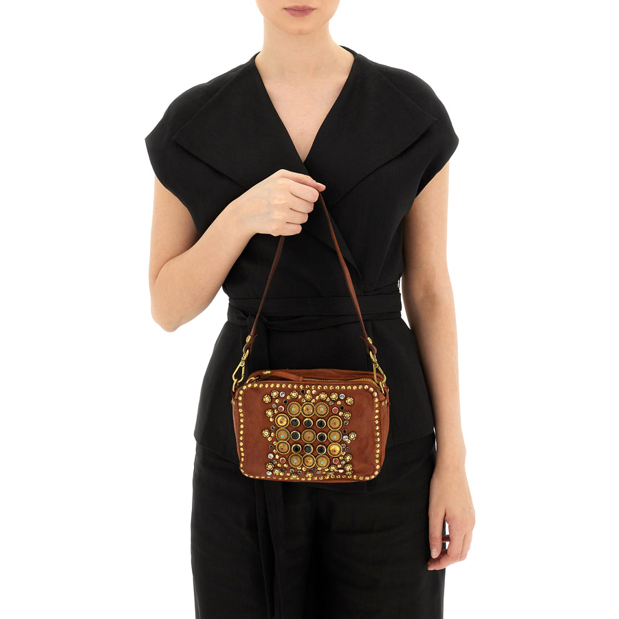 Ribes Camera Bag Kate in garment-dyed cowhide leather with studs and rhinestones - Cognac