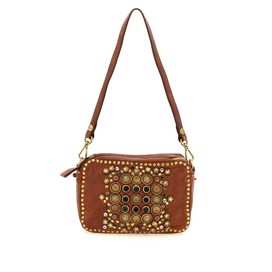 Ribes Camera Bag Kate in garment-dyed cowhide leather with studs and rhinestones - Cognac
