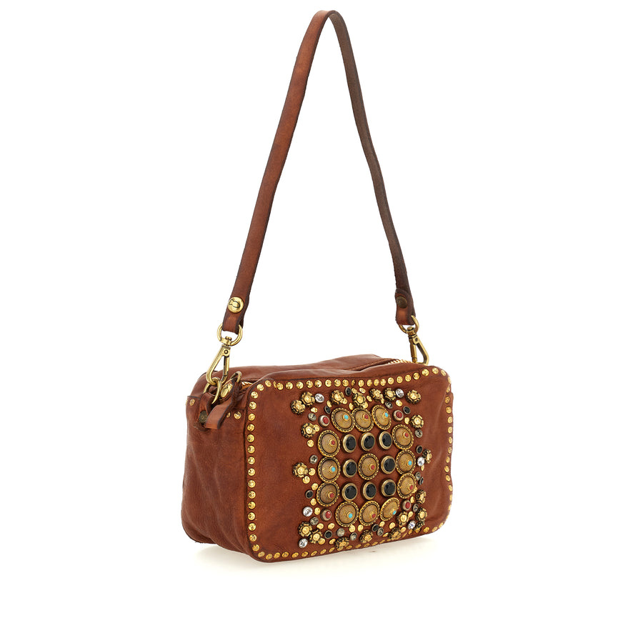 Ribes Camera Bag Kate in garment-dyed cowhide leather with studs and rhinestones - Cognac