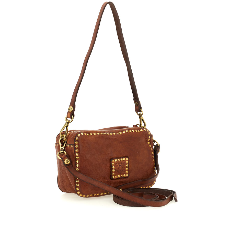 Ribes Camera Bag Kate in garment-dyed cowhide leather with studs and rhinestones - Cognac