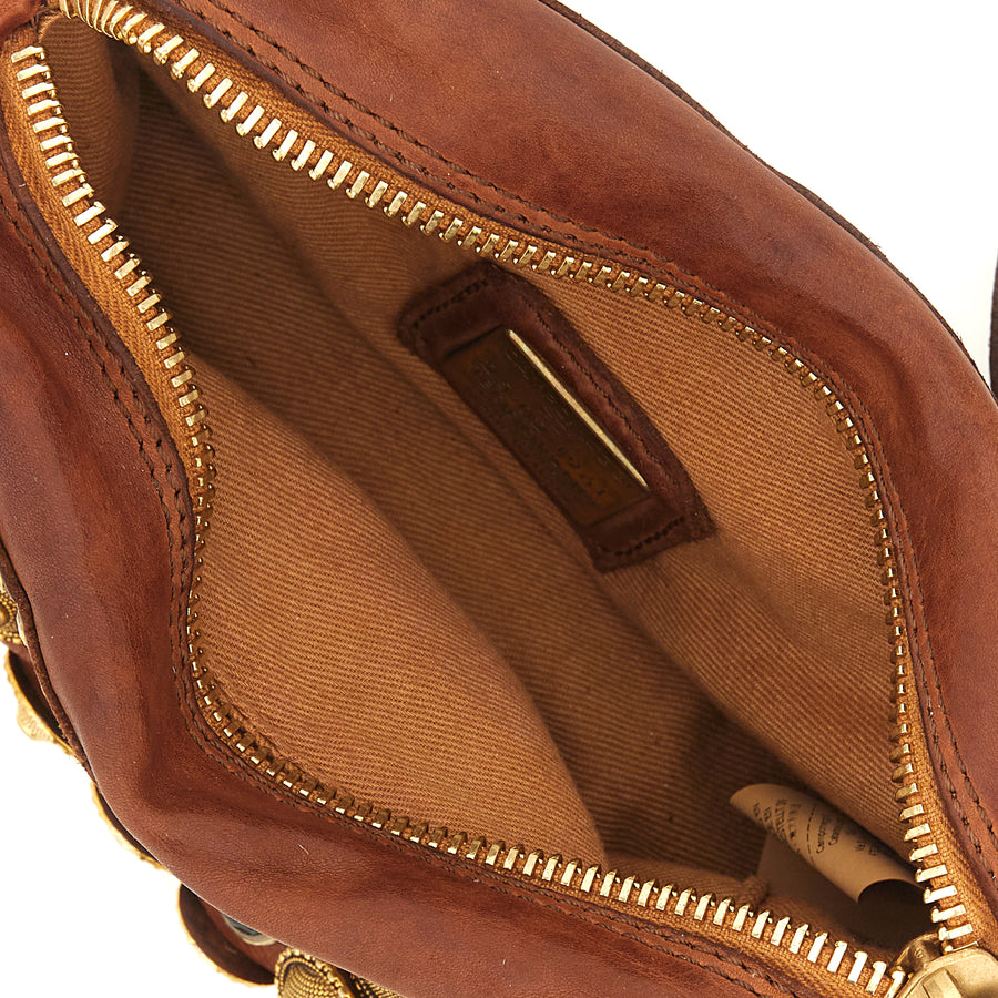 Ribes Camera Bag Kate in garment-dyed cowhide leather with studs and rhinestones - Cognac