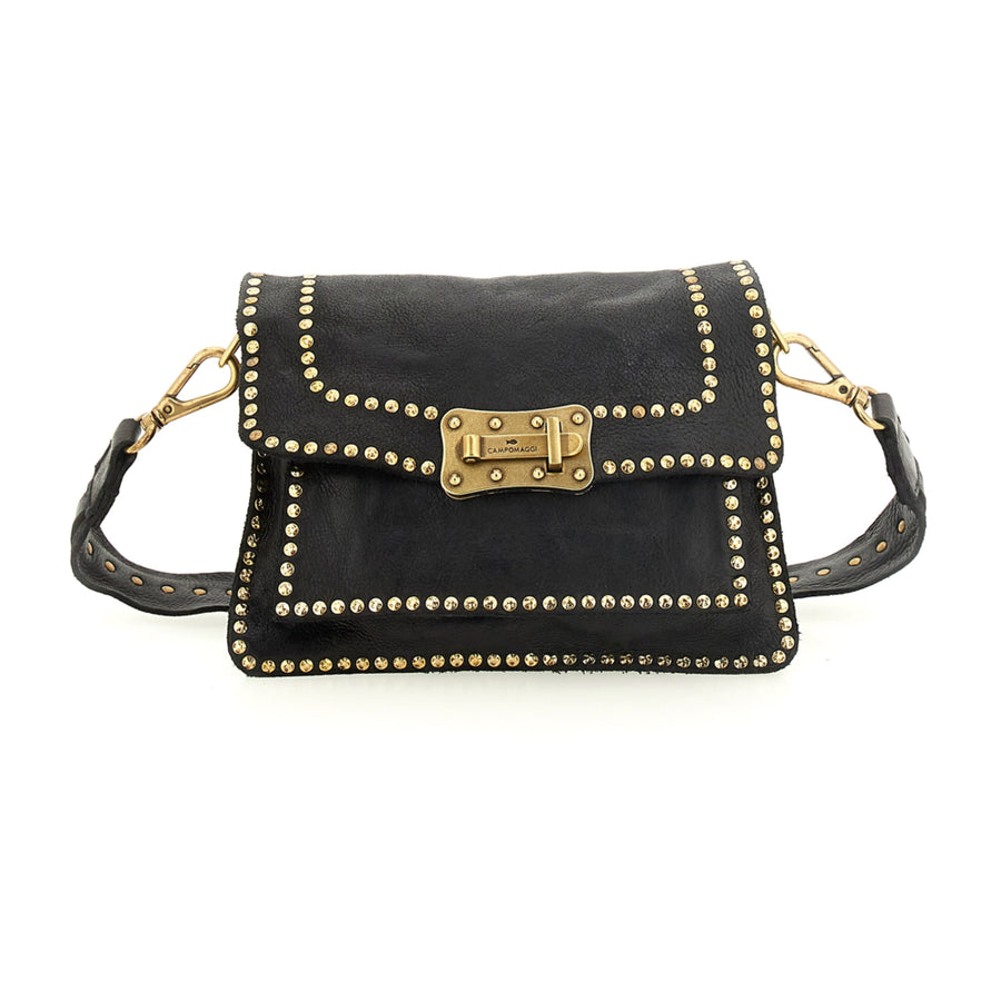 Agnese Cross-body bag in black garment-dyed cowhide leather with rivets