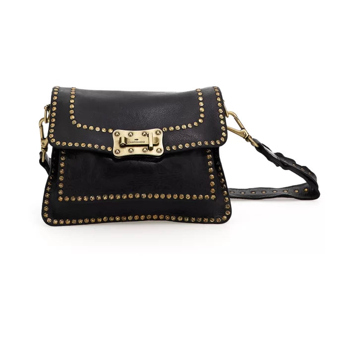 Agnese Cross body Bag - Black leather with rivets decorated edge