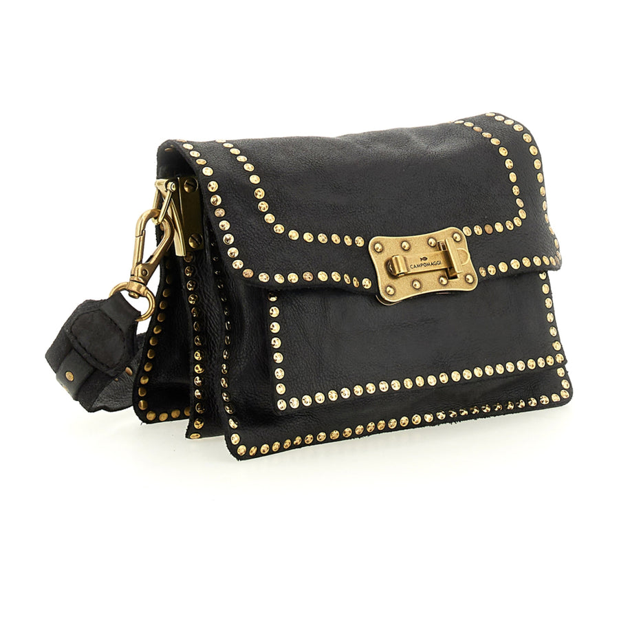 Agnese Cross-body bag in black garment-dyed cowhide leather with rivets