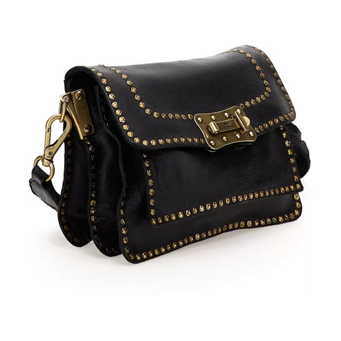 Agnese Cross body Bag - Black leather with rivets decorated edge