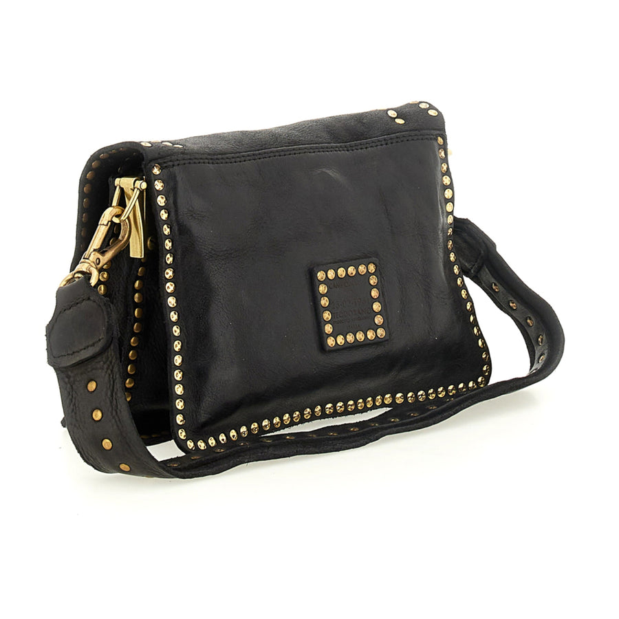 Agnese Cross-body bag in black garment-dyed cowhide leather with rivets