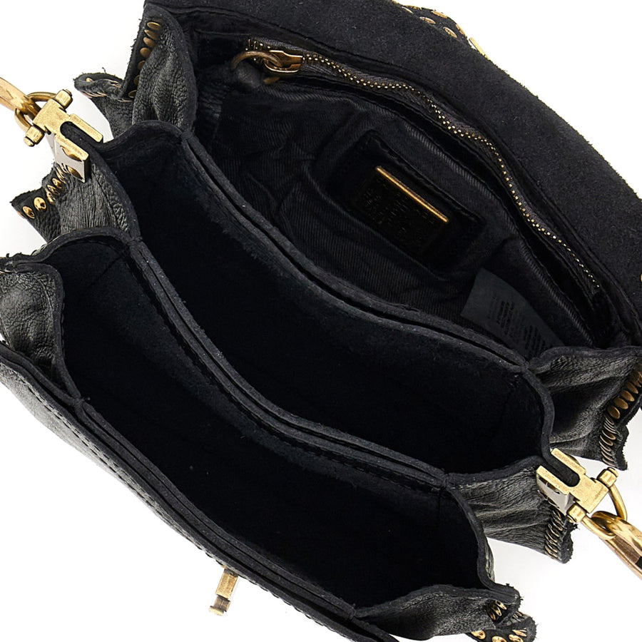 Agnese Cross-body bag in black garment-dyed cowhide leather with rivets