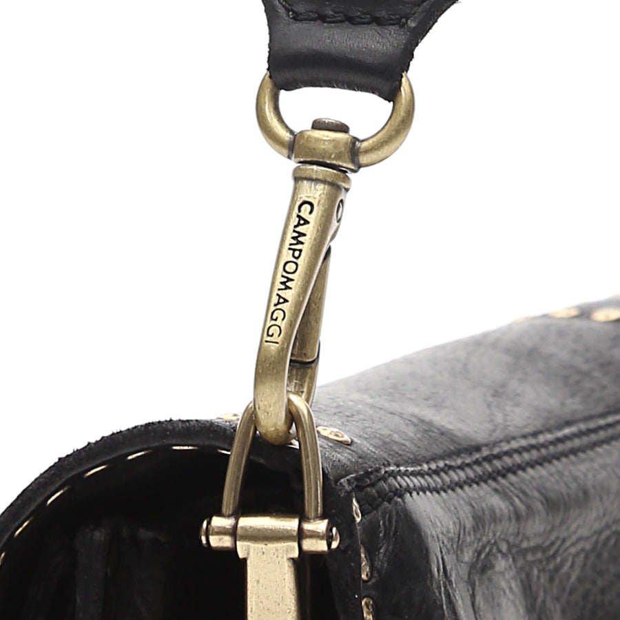 Agnese Cross-body bag in black garment-dyed cowhide leather with rivets