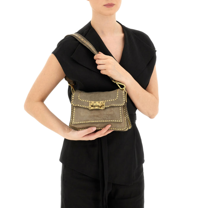 Agnese Cross-body bag in Grey garment-dyed cowhide leather with rivets