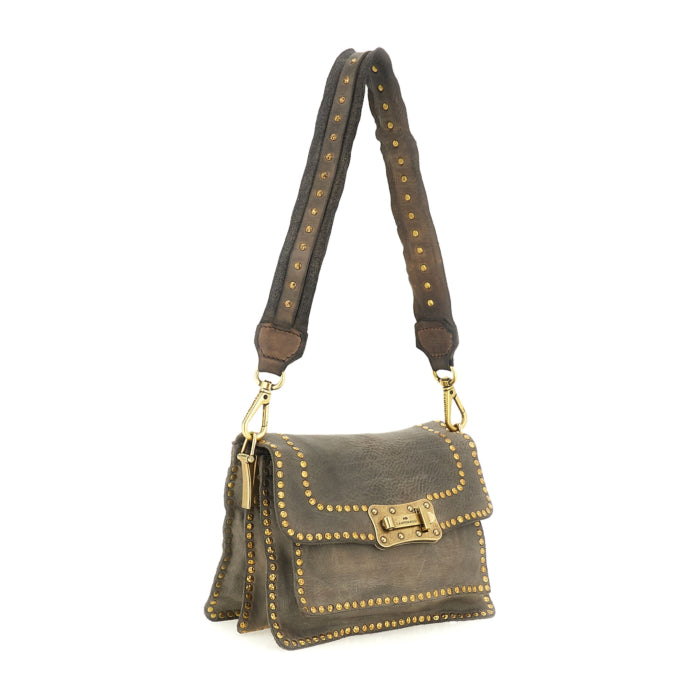 Agnese Cross-body bag in Grey garment-dyed cowhide leather with rivets