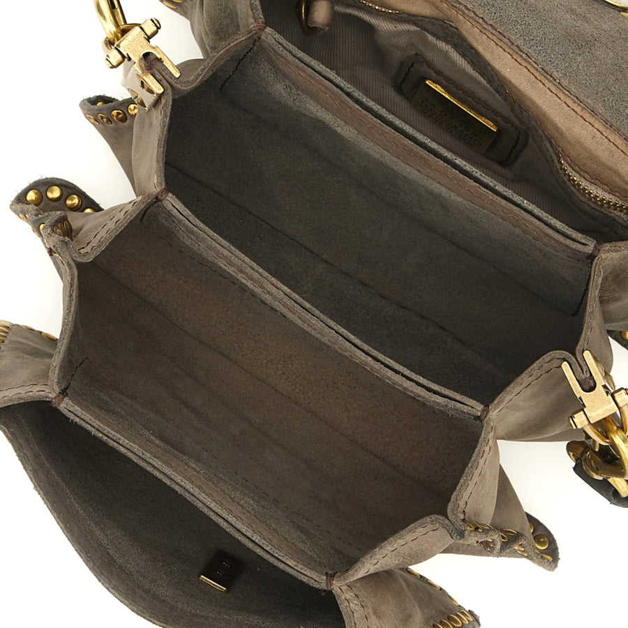 Agnese Cross-body bag in Grey garment-dyed cowhide leather with rivets