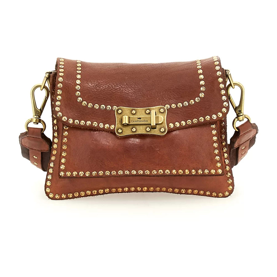 Agnese Cross body Bag - cognac leather with rivets decorated edge