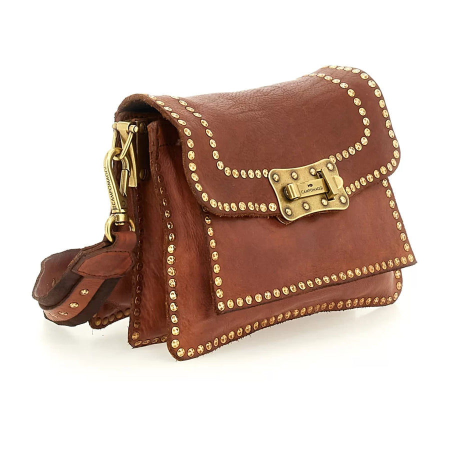 Agnese Cross body Bag - cognac leather with rivets decorated edge