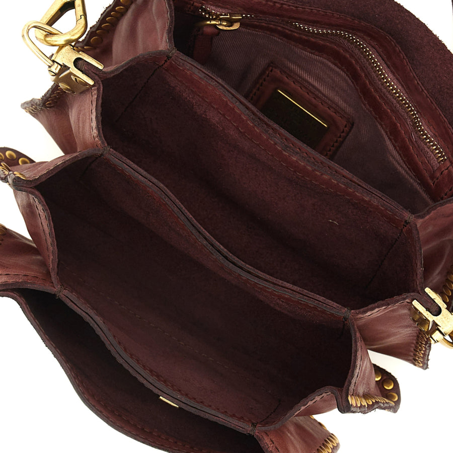 Agnese Cross-body bag garment-dyed cowhide leather with rivets - Burgundy