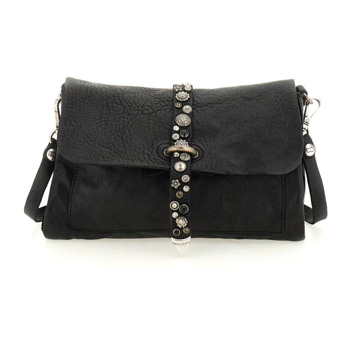 Cefalù Clutch Bag Elga in garment-dyed cowhide leather with studs - Black