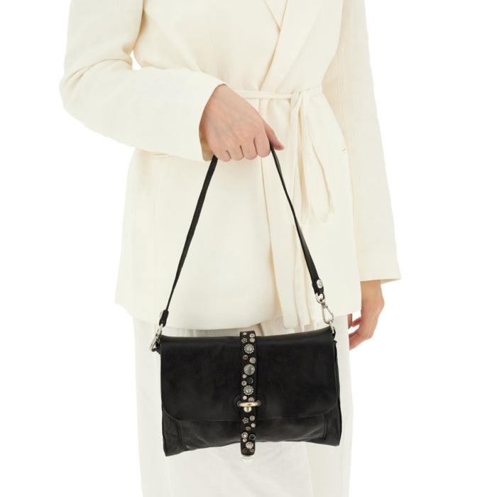 Cefalù Clutch Bag Elga in garment-dyed cowhide leather with studs - Black