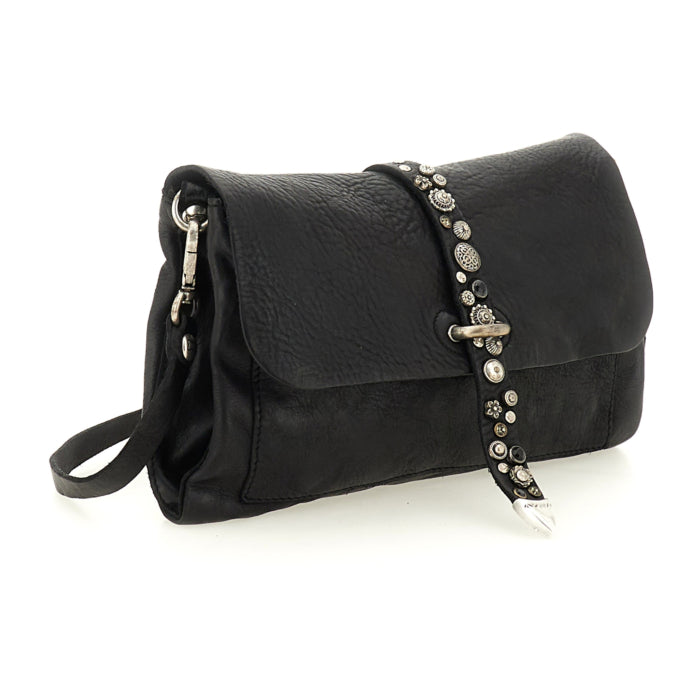 Cefalù Clutch Bag Elga in garment-dyed cowhide leather with studs - Black