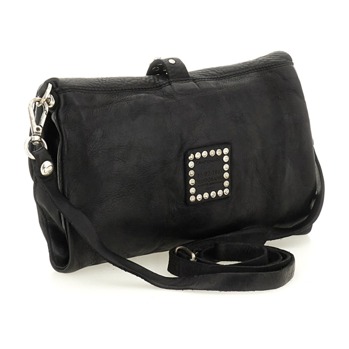 Cefalù Clutch Bag Elga in garment-dyed cowhide leather with studs - Black
