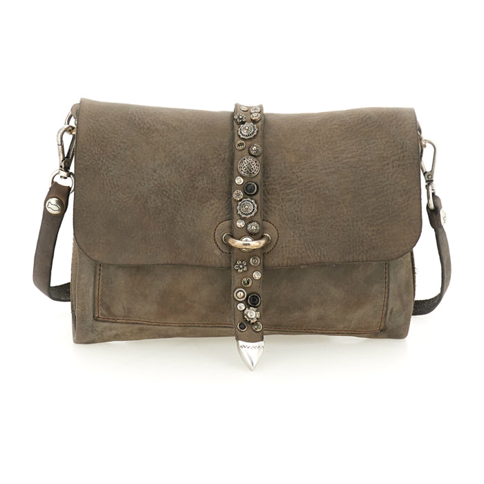 Cefalù Clutch Bag Elga in garment-dyed cowhide leather with studs - cement Grey