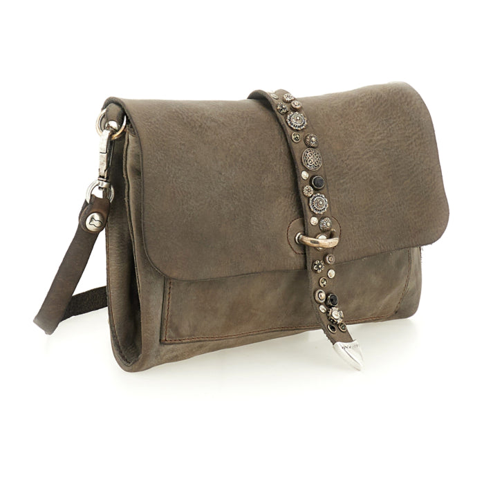 Cefalù Clutch Bag Elga in garment-dyed cowhide leather with studs - cement Grey