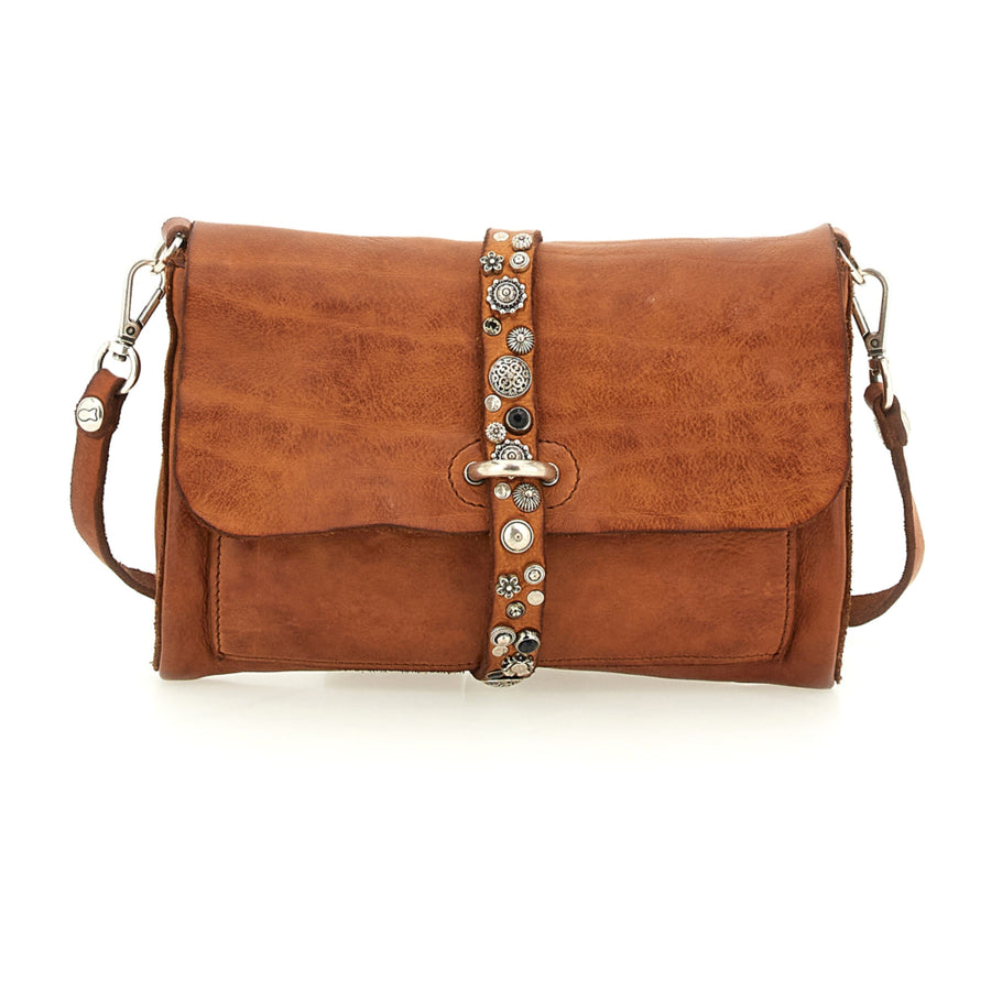 Cefalù Clutch Bag Elga in garment-dyed cowhide leather with studs - Cognac