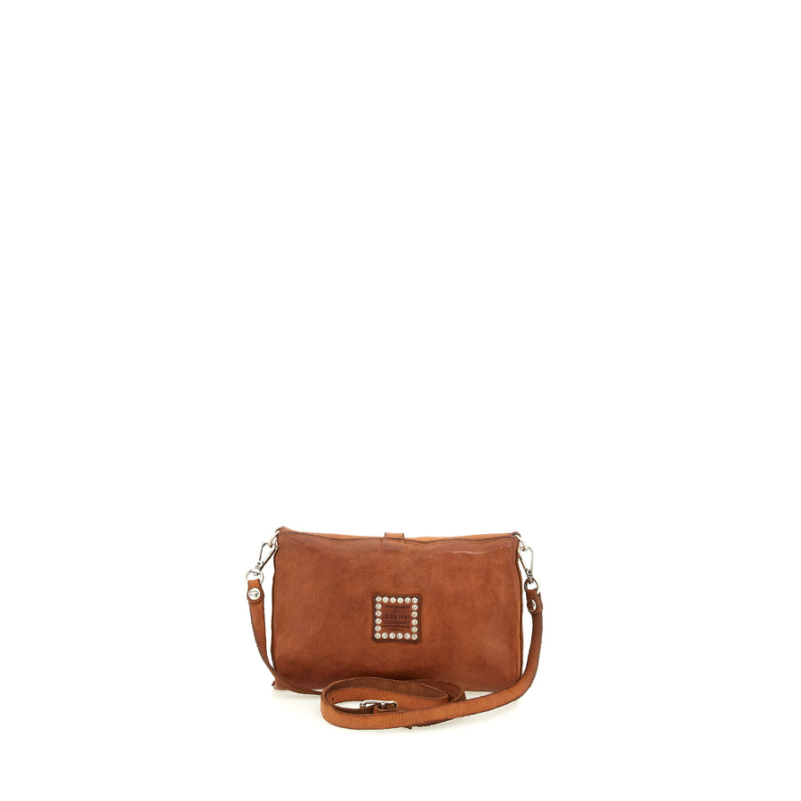 Cefalù Clutch Bag Elga in garment-dyed cowhide leather with studs - Terracotta