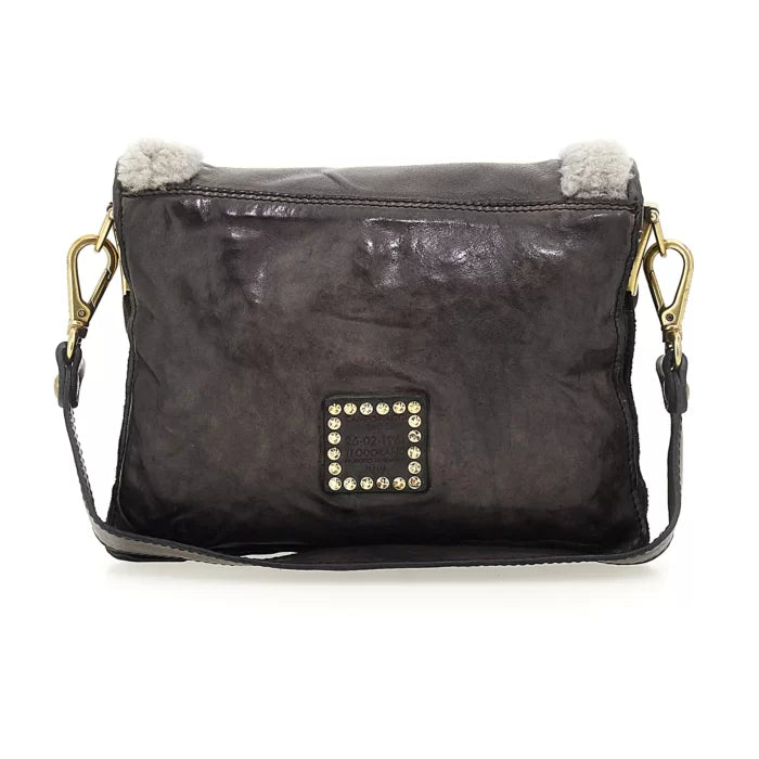 Cross-body bag 'Agnese' in curly sheepskin and grey leather