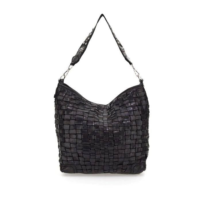 Shopping bag in black woven and garment-dyed cowhide leather