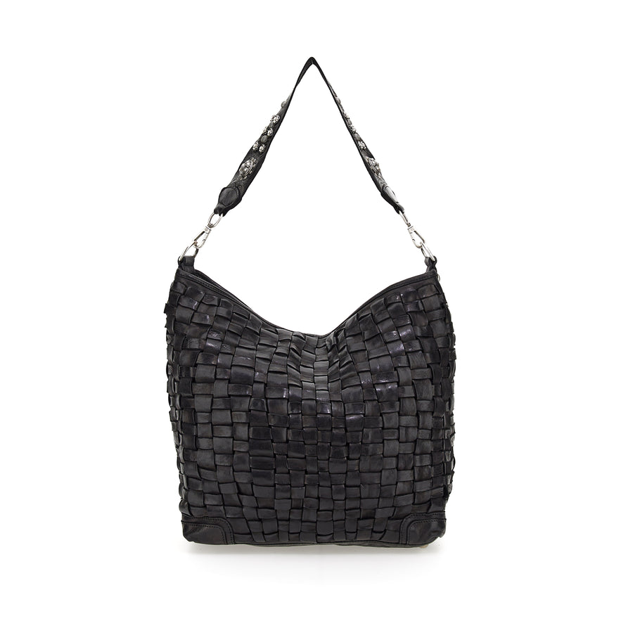 Shopping bag in black woven and garment-dyed cowhide leather