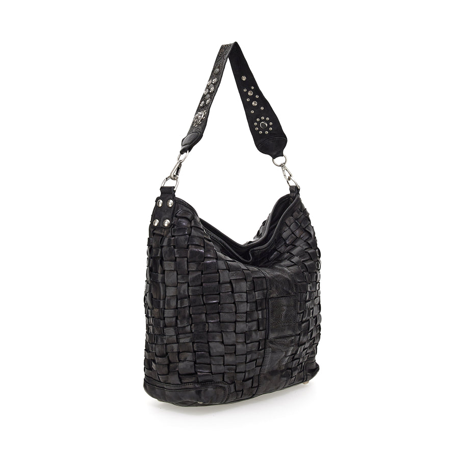 Shopping bag in black woven and garment-dyed cowhide leather