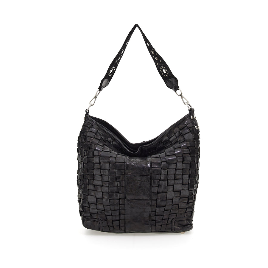 Shopping bag in black woven and garment-dyed cowhide leather