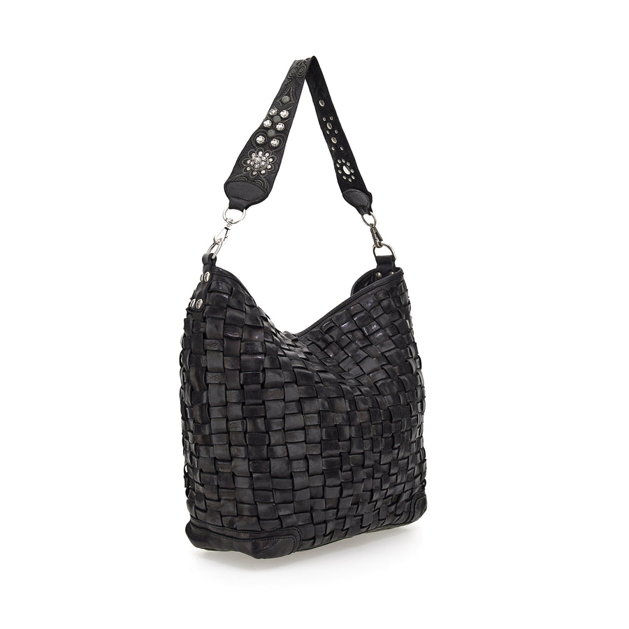 Shopping bag in black woven and garment-dyed cowhide leather