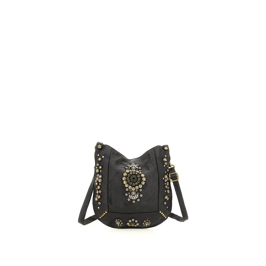 Crossbody Bag Nora in garment-dyed cowhide leather with studs and rhinestones - Black