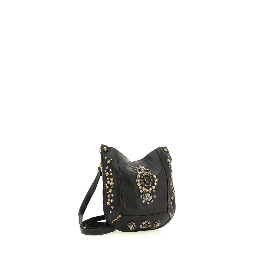 Crossbody Bag Nora in garment-dyed cowhide leather with studs and rhinestones - Black
