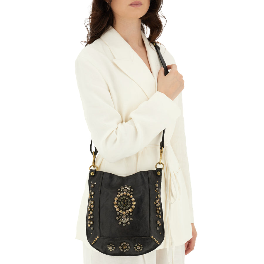 Crossbody Bag Nora in garment-dyed cowhide leather with studs and rhinestones - Black