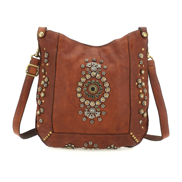 Crossbody Bag Nora in garment-dyed cowhide leather with studs and rhinestones
