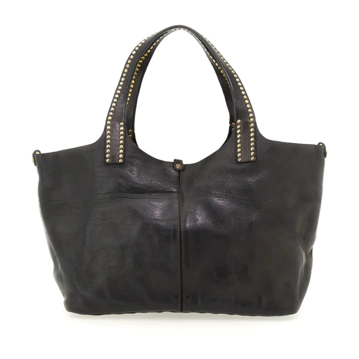 Kura Shopping bag in Black leather with rivets