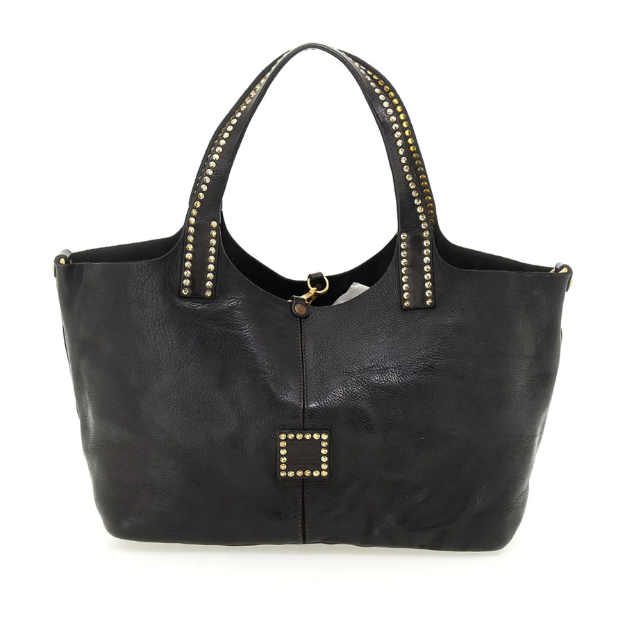 Kura Shopping bag in Black leather with rivets