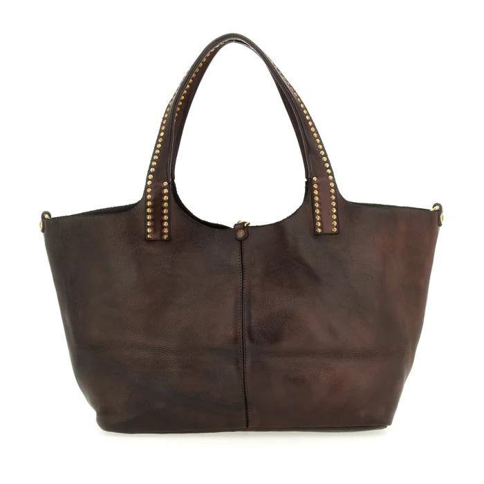 Kura Shopping bag in Dark Brown leather with rivets