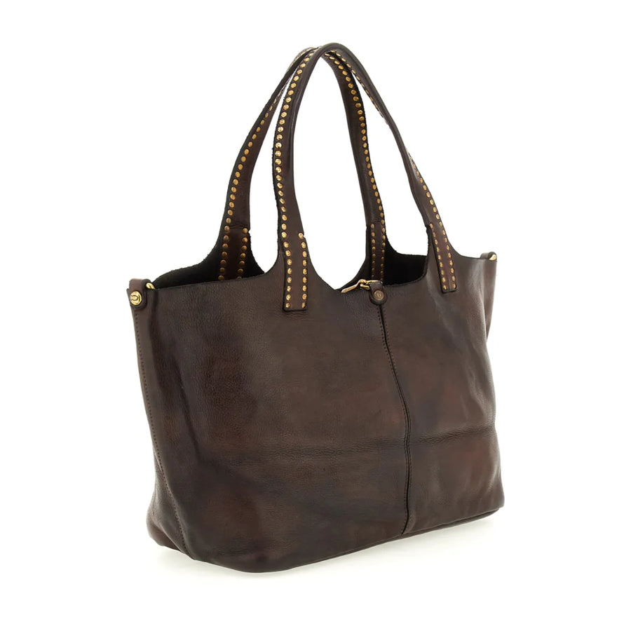 Kura Shopping bag in Dark Brown leather with rivets