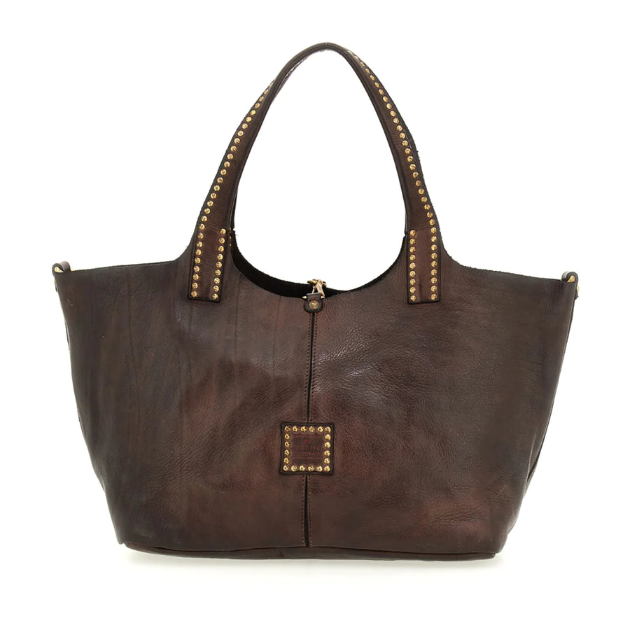 Kura Shopping bag in Dark Brown leather with rivets