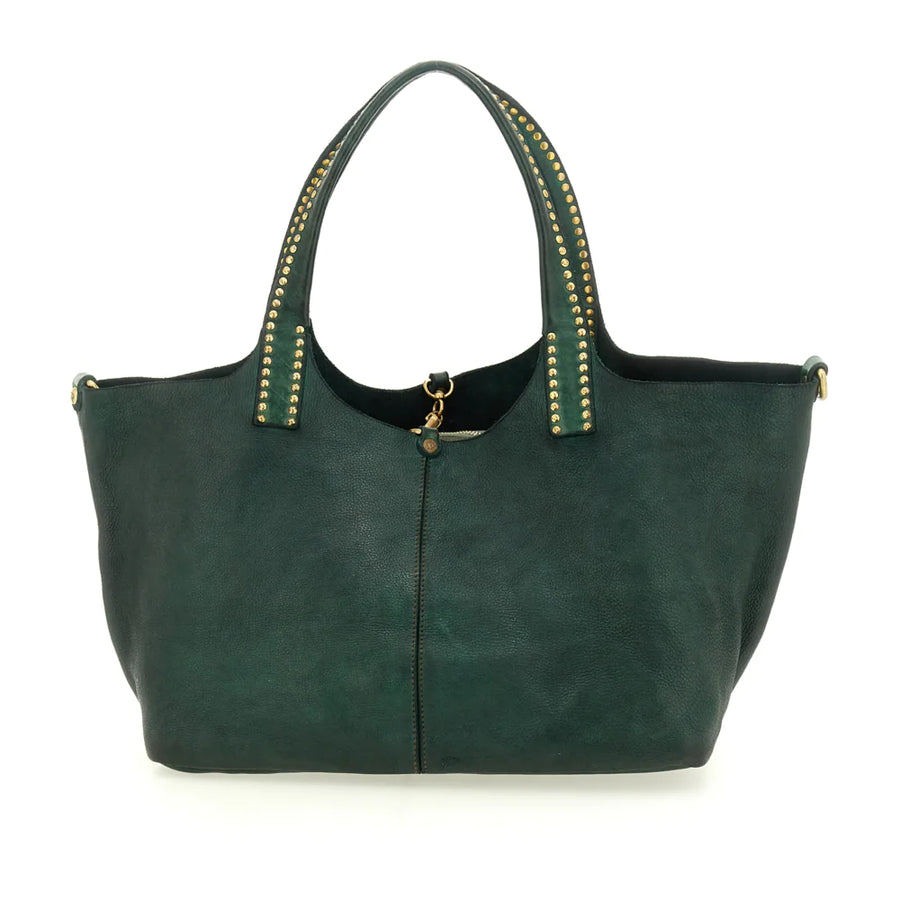 Kura Shopping bag in green leather with rivets