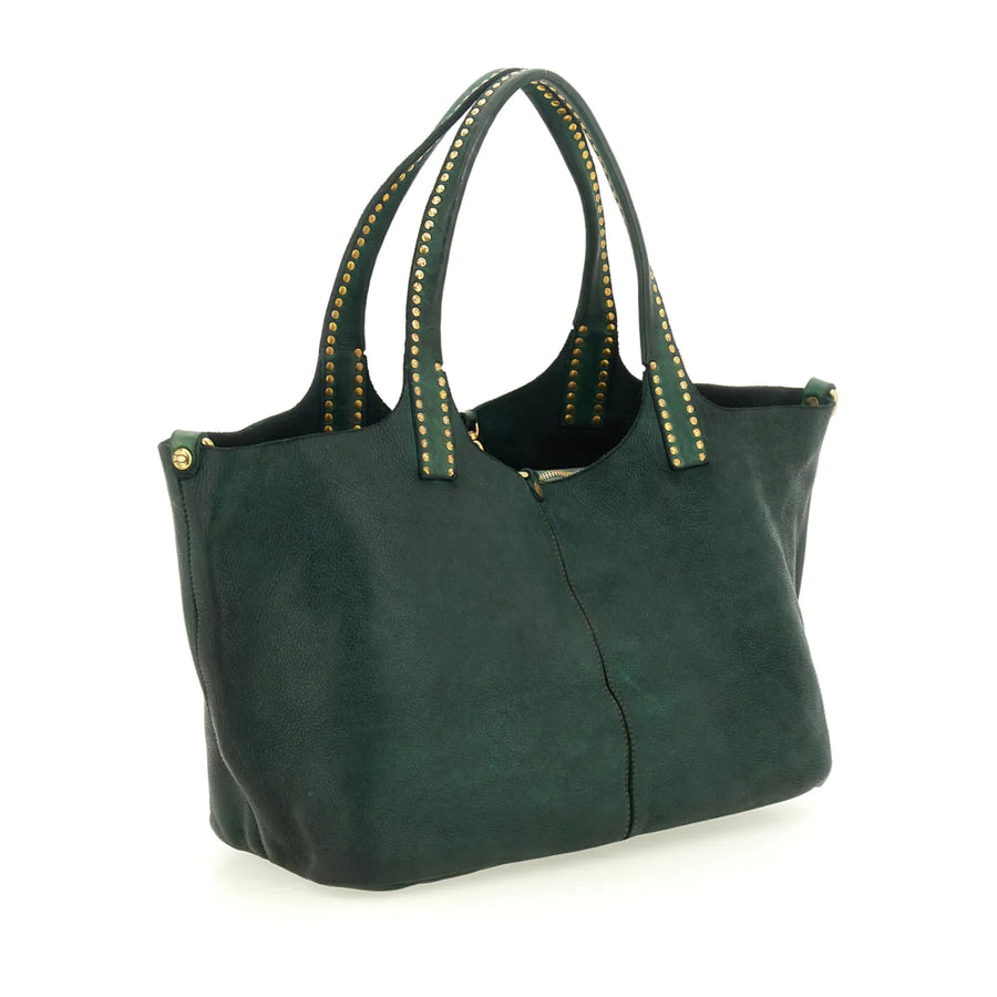 Kura Shopping bag in green leather with rivets