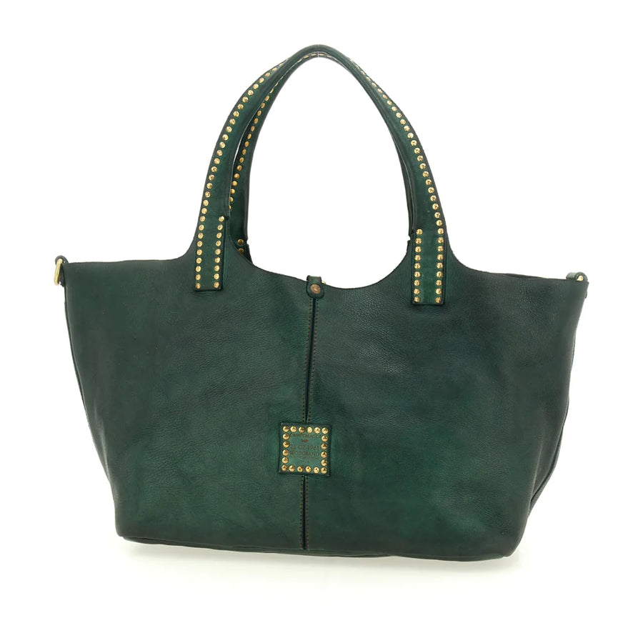 Kura Shopping bag in green leather with rivets