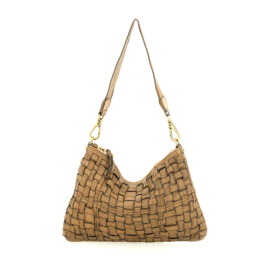 Edera Carla Shoulder Bag in garment-dyed woven cowhide leather - Cement grey