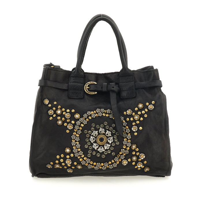 Shopping bag Rosella with studs and rhinestones (Leather) Black