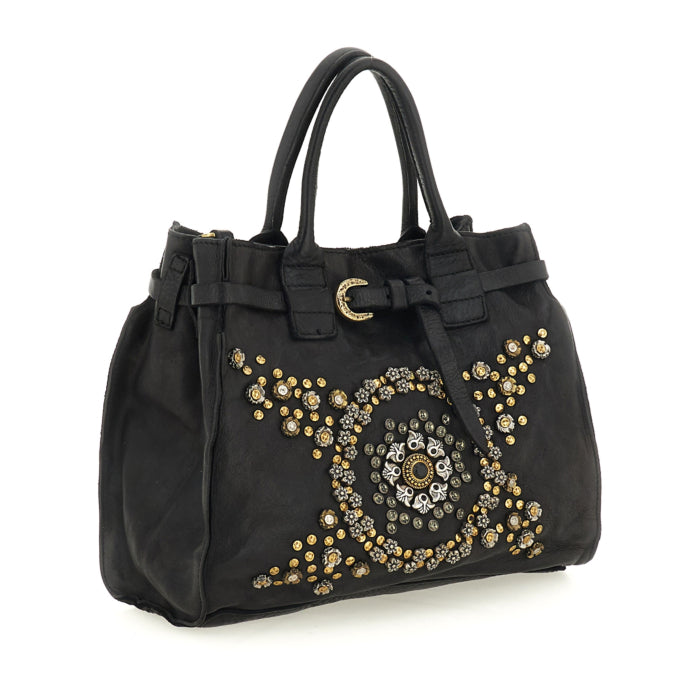 Shopping bag Rosella with studs and rhinestones (Leather) Black