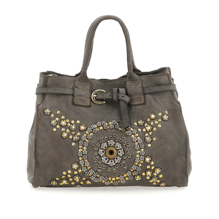 Shopping bag Rosella with studs and rhinestones (Leather) Cement Grey
