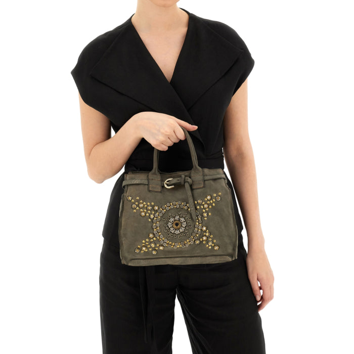 Shopping bag Rosella with studs and rhinestones (Leather) Cement Grey